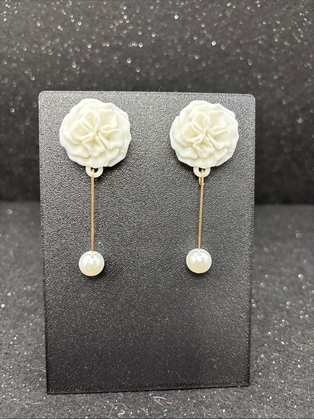 White Rose Drop Earrings | Gold Dangle with Pearl Bead